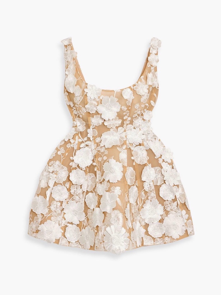 Bronx And Banco Nude Dress With White Floral Appliqu